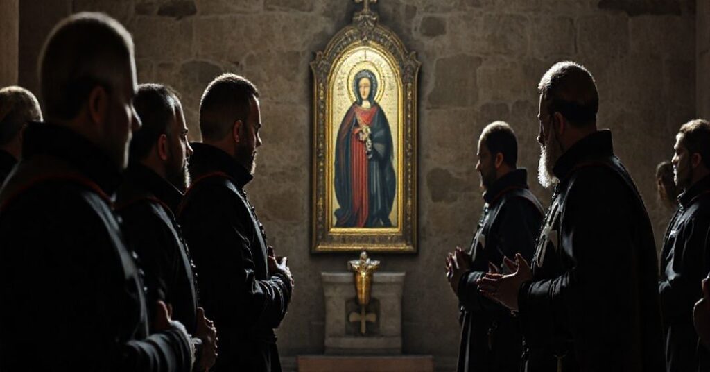 Pielgrzymka Zakonu Maltańskiego do Jasnej Góry w 2025 roku; rycerski strój, modlący się delegacja, ikona Matki Boskiej Częstochowskiej, atmosferę sakralna.