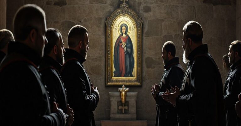 Pielgrzymka Zakonu Maltańskiego do Jasnej Góry w 2025 roku; rycerski strój, modlący się delegacja, ikona Matki Boskiej Częstochowskiej, atmosferę sakralna.
