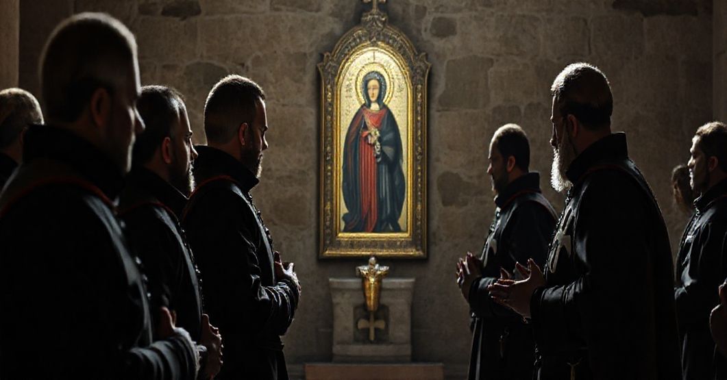 Pielgrzymka Zakonu Maltańskiego do Jasnej Góry w 2025 roku; rycerski strój, modlący się delegacja, ikona Matki Boskiej Częstochowskiej, atmosferę sakralna.