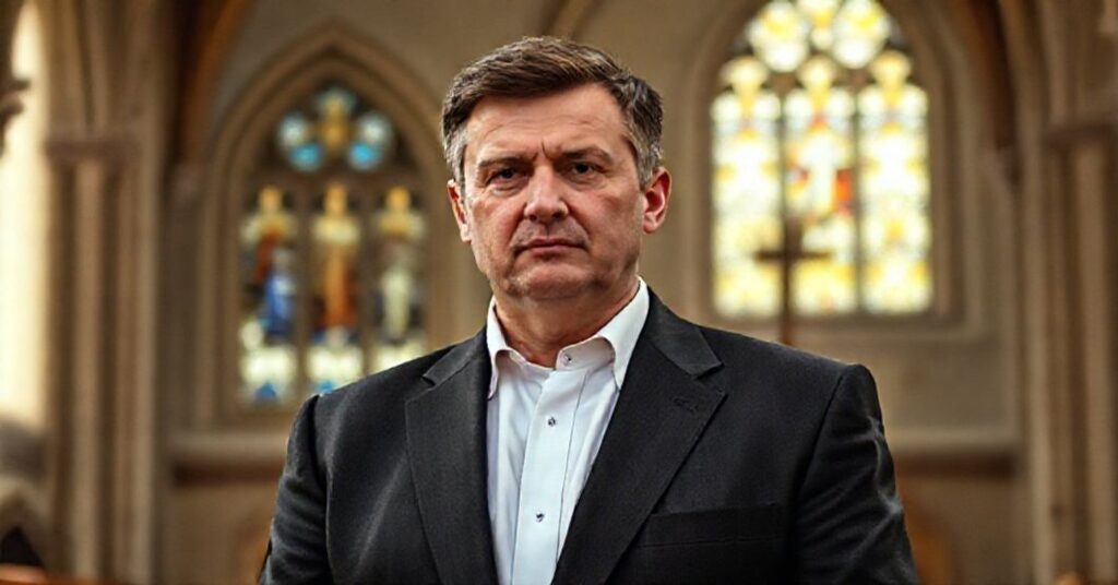 Portret Wołodymyra Zełenskiego na tle katedry z wizerunkiem Chrystusa-Króla, symbolizujący konflikt pomiędzy świeckim humanitaryzmem a Bożym porządkiem