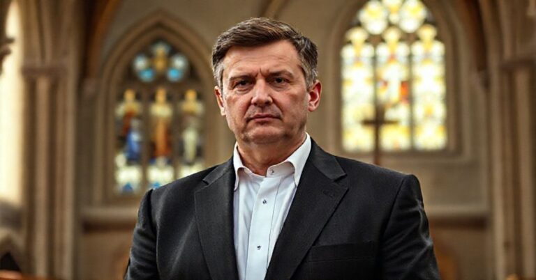 Portret Wołodymyra Zełenskiego na tle katedry z wizerunkiem Chrystusa-Króla, symbolizujący konflikt pomiędzy świeckim humanitaryzmem a Bożym porządkiem