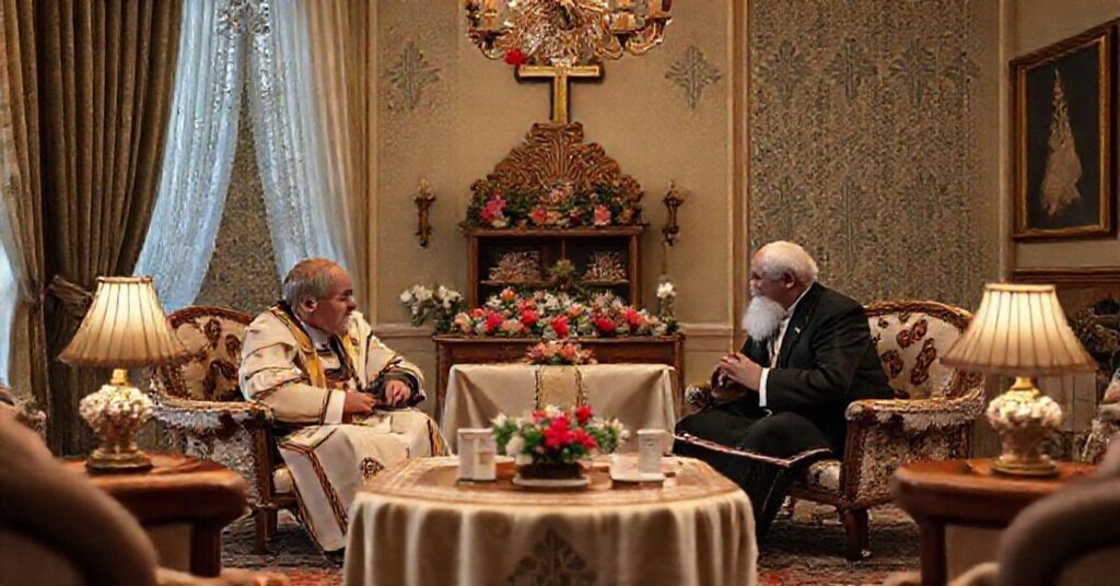 Obraz przedstawiający prezydenta Wołodymyra Zełenskiego i amerykańskich mediatorów w trakcie negocjacji pokojowych bez odniesienia do Chrystusa Króla.