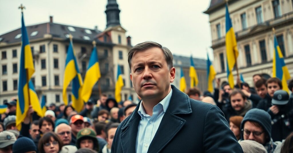 Portret prezydenta Wołodymyra Zełenskiego w Tallinie na tle zniszczeń wojennych