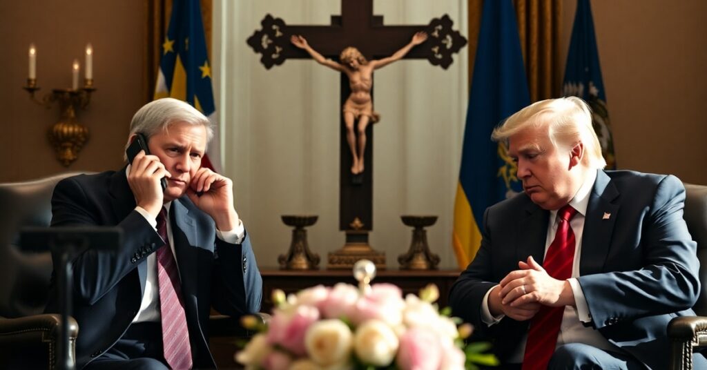 Obraz przedstawiający prezydenta Wołodymyra Zełenskiego i prezydenta Donalda Trumpa rozmawiających podczas telefonicznej rozmowy o pokoju bez uwzględnienia Chrystusa Króla.