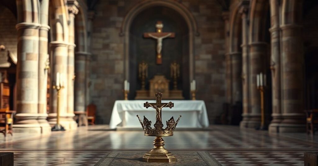 Pusty ołtarz w tradycyjnym kościele katolickim z powaloną tiara papieską i rozbitym krzyżem, symbolizujący upadek autentycznej wiary