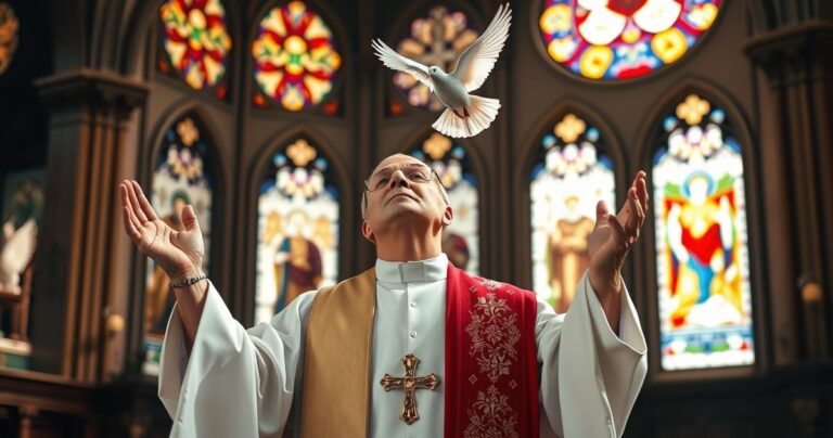 Tradycyjna scena Zesłania Ducha Świętego w historycznym kościele katolickim, kapłan w szatach liturgicznych modlący się z uniesionymi rękami, gołębica symbolizująca Ducha Świętego nad nim, światło przeświecające przez witraże.