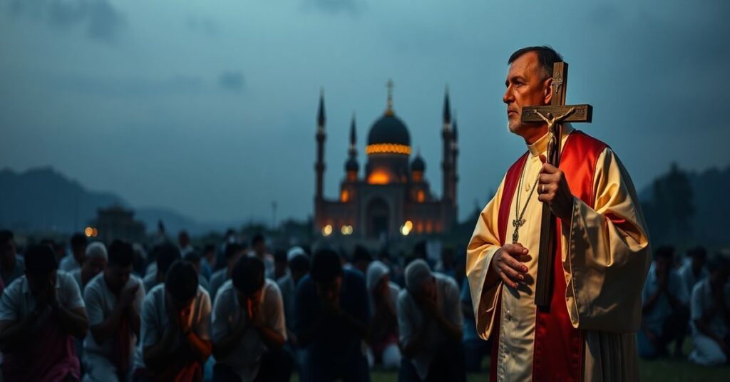 Sobór katolicki w tradycyjnym stroju stoi przed grupą klęczących muzułmanów z krzyżem w ręku, przyćmiona świątynia w tle podkreśla kontrast między prawdą i błędami.