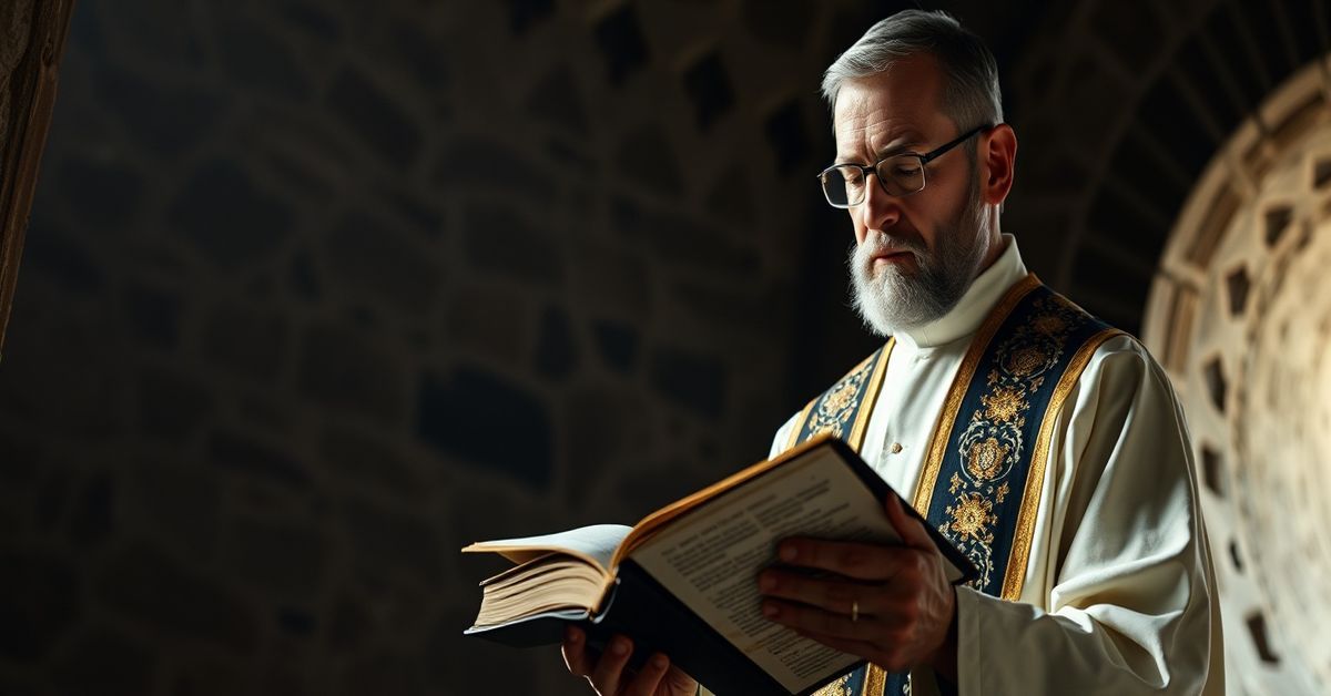 Tradycyjny kapłan siedzi w ciemnym koście i czyta Ewangelie o uzdrowieniu głuchoniemego.