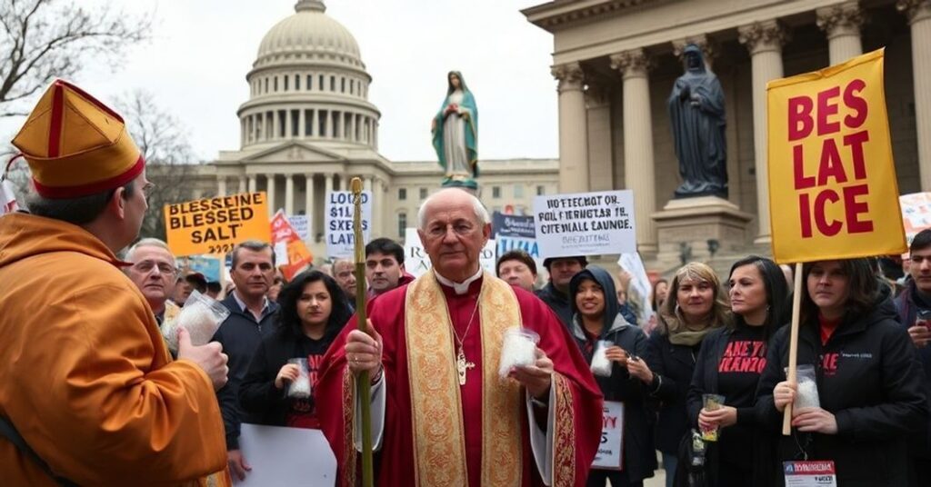 Zgromadzenie katolickie w Minneapolis z udziałem "biskupa" Kevina Kenneya i "księdza" Christophera Collinsa, gdzie sugerowano użycie błogosławionej soli przeciwko ICE.
