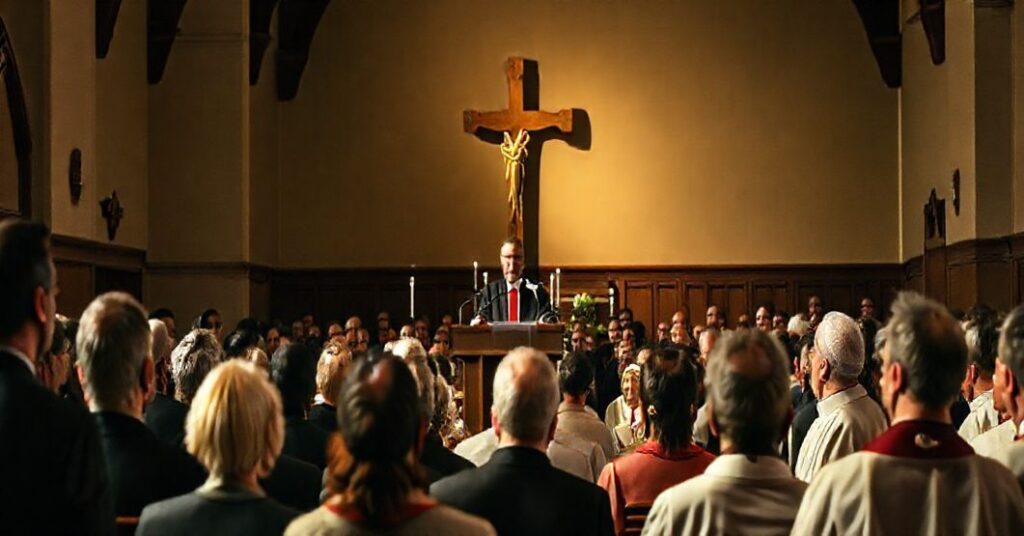 Zgromadzenie katolickie w kościele z politykiem mówiącym o odpowiedzialności przed Chrystusem