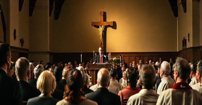 Zgromadzenie katolickie w kościele z politykiem mówiącym o odpowiedzialności przed Chrystusem