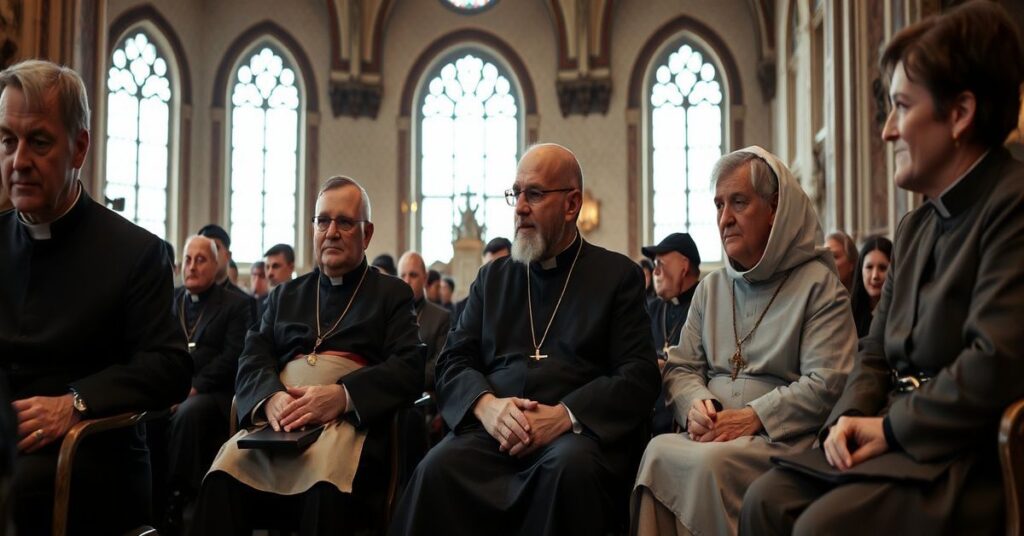 Tradycyjne zgromadzenie katolickie w Warszawie z udziałem duchownych i wiernych omawiających apostolat świeckich