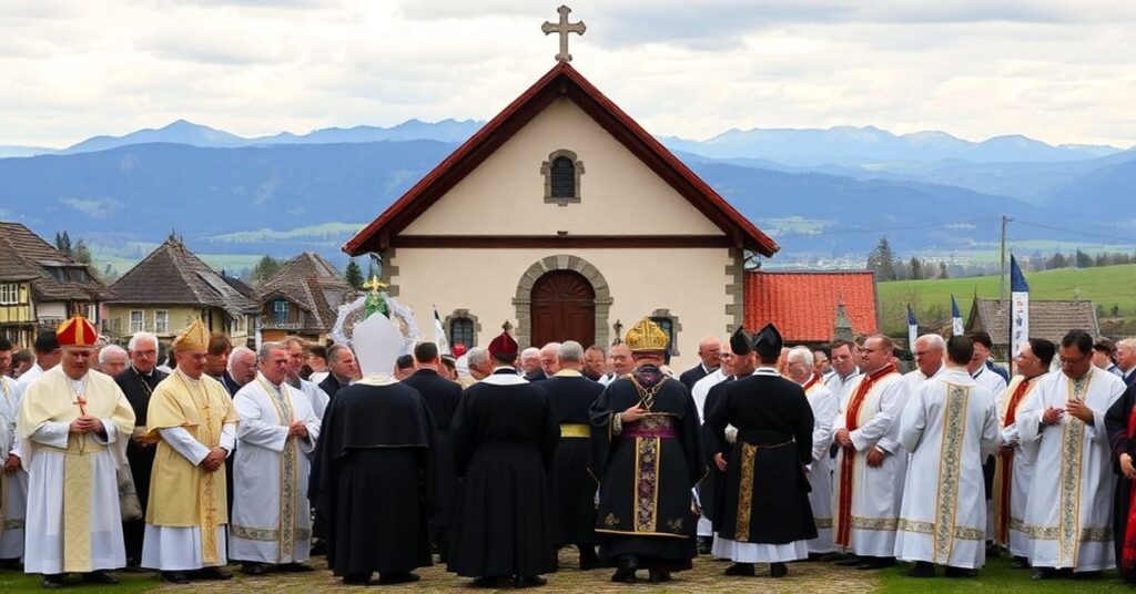 Zgromadzenie katolickie w Krzyżówce z biskupami i księżmi w liturgicznych ornatach przed historyczną kaplicą z widokiem na Tatry. Scena podkreśla tradycję i pobożność w kontrascie z nowoczesnymi elementami.