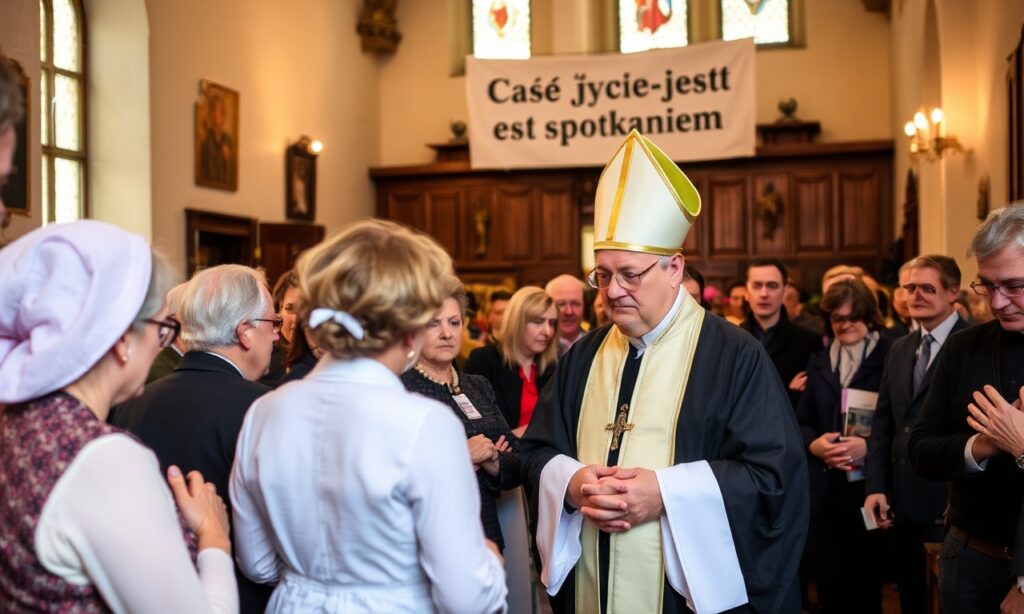 Zgromadzenie Sudetów w Brnie pod przewodnictwem 'biskupa' Pavla Konzbula podczas wydarzenia 'Całe życie jest spotkaniem'.
