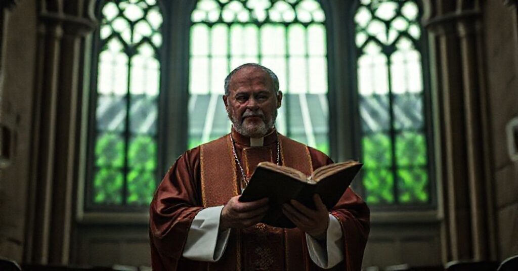 Tradycyjny katolicki kapłan w pełnym stroju liturgicznym stoi w starożytnej bazylice rzymskiej przy drzwiach kościoła z widokiem na farmę słoneczną przez witraże