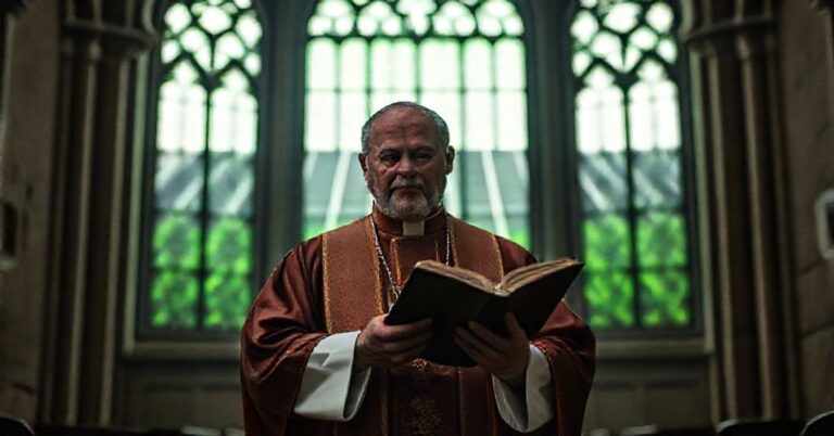 Tradycyjny katolicki kapłan w pełnym stroju liturgicznym stoi w starożytnej bazylice rzymskiej przy drzwiach kościoła z widokiem na farmę słoneczną przez witraże