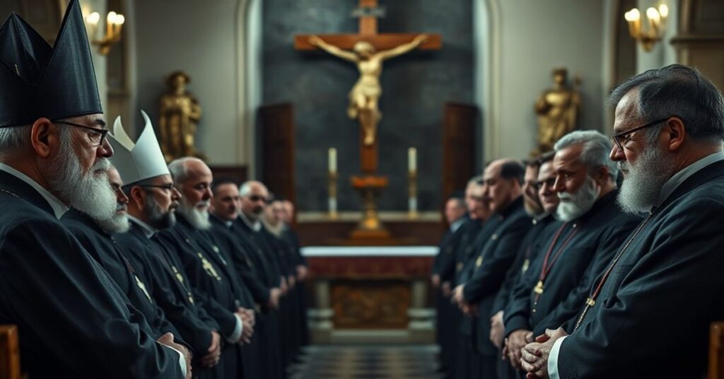 Zgromadzenie mężczyzn w kościele katolickim podczas spotkania opłatkowego, z 'biskupem' Tadeuszem Lityńskim i Wojciechem Modestem Amaro na scenie