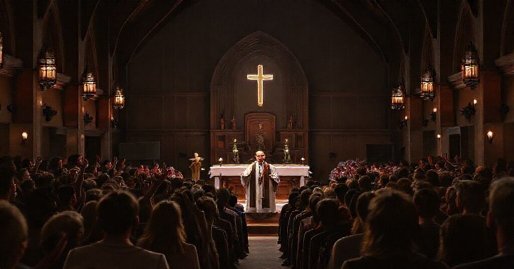 Zgromadzenie młodzieży w kościele pw. Ducha Świętego w Zielonej Górze podczas nieprawowiernego "Modlitewnego Wieczoru" z synkretyzmem i nowomodernistycznymi praktykami.