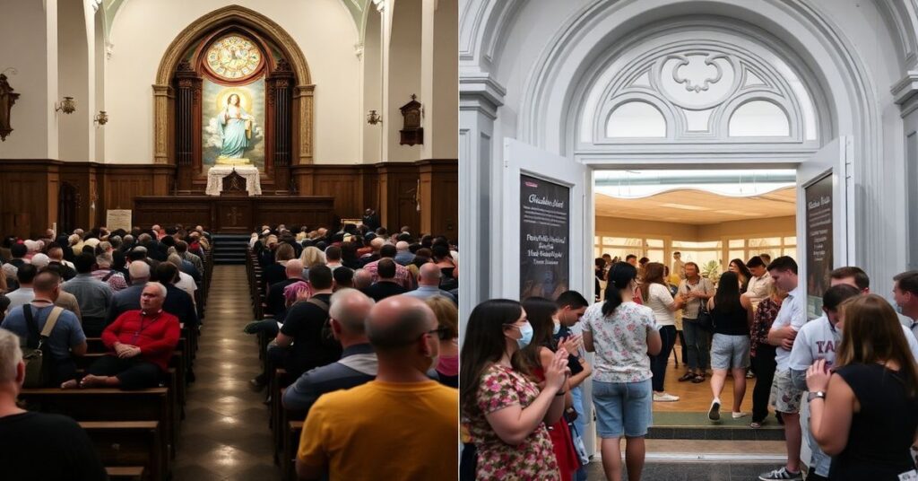 Kościół katolicki ze z prošonymi wiernymi modlącymi się Koronką do Miłosierdzia Bożego obok świeckiego festynu z watą cukrową i tatuażami brokatowymi.