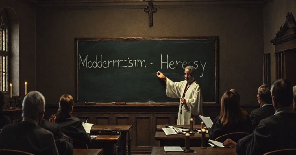 Poważna sala wykładowa Instytutu Teologicznego w Zielonej Górze, ukazująca nauczanie herezji modernizmu, z profesorem i studentami w tradycyjnych strojach kościelnych.