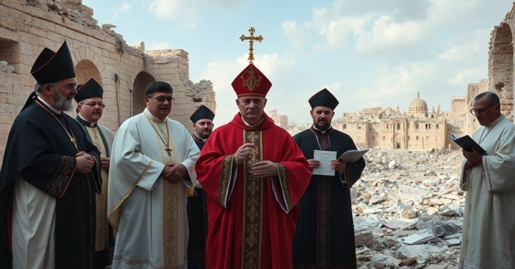 Grupa tradycyjnych katolickich biskupów w Ziemi Świętej stoi w ruinach kościoła z monstrancją, symbolizując obecność Chrystusa wśród zniszczenia