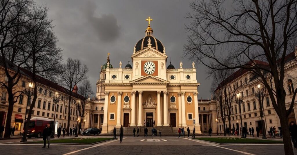 Franciszkański Kustosz Ziemi Świętej, o. Francesco Ielpo, stoi przed ruina jerozolimską świątynią z wyraźną troską na twarzy.