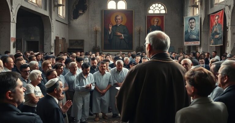 Rekonstrukcja półzerwanej kościoła w Wałbrzychu z tłumem słuchającym "arcybiskupa" Józefa Kupnego podczas przemówienia.