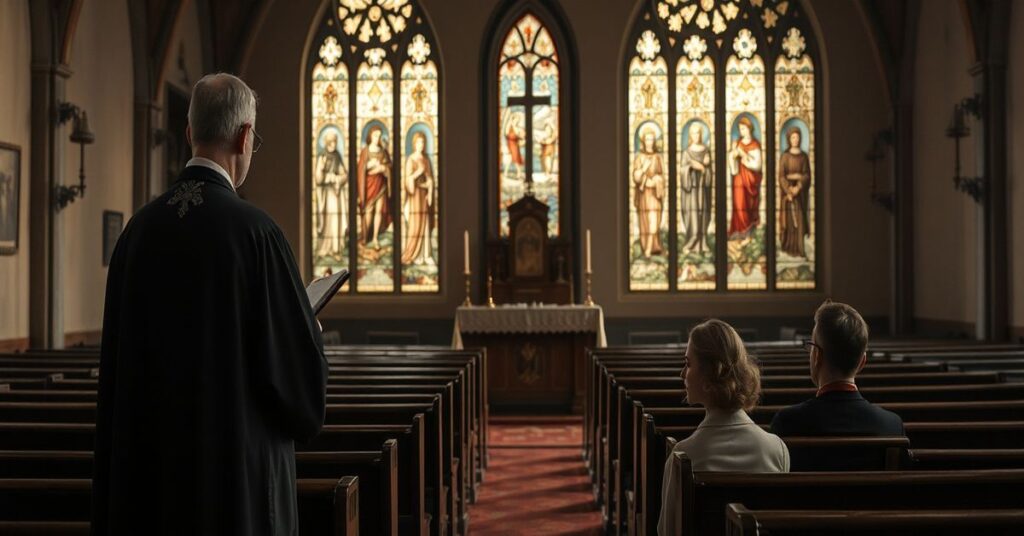 Przykład tradycyjnego katolickiego wnętrza kościoła z pustymi ławkami i barwnymi witrażami, na których widnieją sceny z życia świętych. Na pierwszym planie stoi kapłan w kaszule modlący się przed tabernakulum. W tle widoczny jest parę młodych ludzi siedzących w milczeniu.