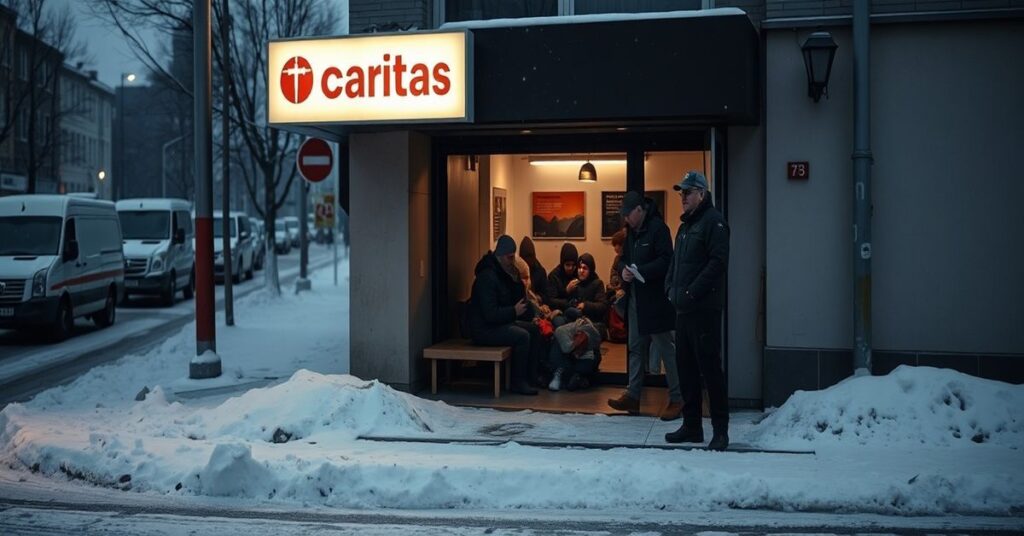 Zimna ulica w Kielcach z oświetlonym schroniskiem Caritas bez symboli religijnych, grupa bezdomnych w środku