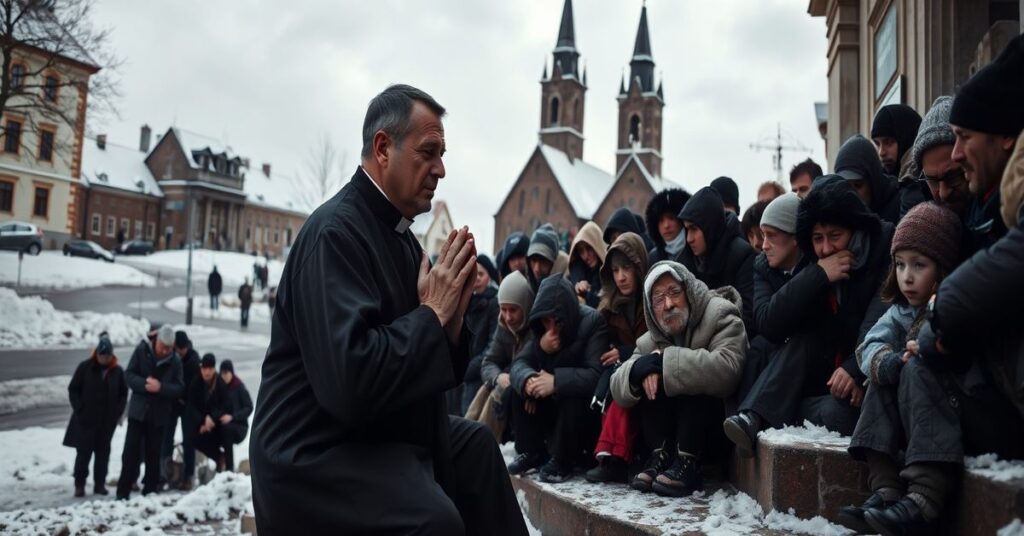 Jesienny widowisko wyobraźni - tradycyjne katolickie miasto w Polsce pokryte śniegiem. Kapłan w tradycyjnym sutannie modli się na stopniach kościoła wśród ludzi potrzebujących ciepła.