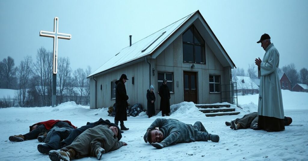 Scena zimowa w Polsce przedstawiająca bezdomnych cierpiących na mróz przed nowoczesnym schroniskiem. Na tle płonie blaknący krzyż neonowy, symbolizujący zapomniany duchowy wymiar kryzysu. Tradycyjny ksiądz w sutannie modli się w pobliżu. Zmarznięte ciała leżą na śniegu.