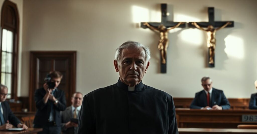 Zbigniew Ziobro przed sądem z neutralnym wyrażeniem twarzy, otoczony dziennikarzami neo-kościelnymi w tradycyjnym katolickim sali sądowej z wisiącym krzyžm.