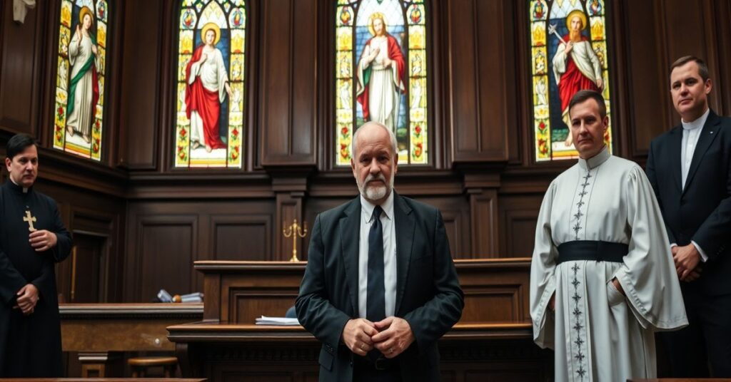 Sobór sądowy w Węgrzech z Zbigniewem Ziobrą przed sędzią, w otoczeniu duchownych i urzędników. Scena refleksyjnie ukazuje kryzys sprawiedliwości w państwie bez Chrystusa Króla.