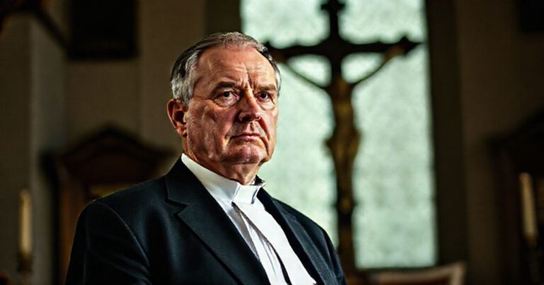 Portret Zbigniewa Ziobry w tradycyjnym katolickim wnętrzu z krzyżem na tle