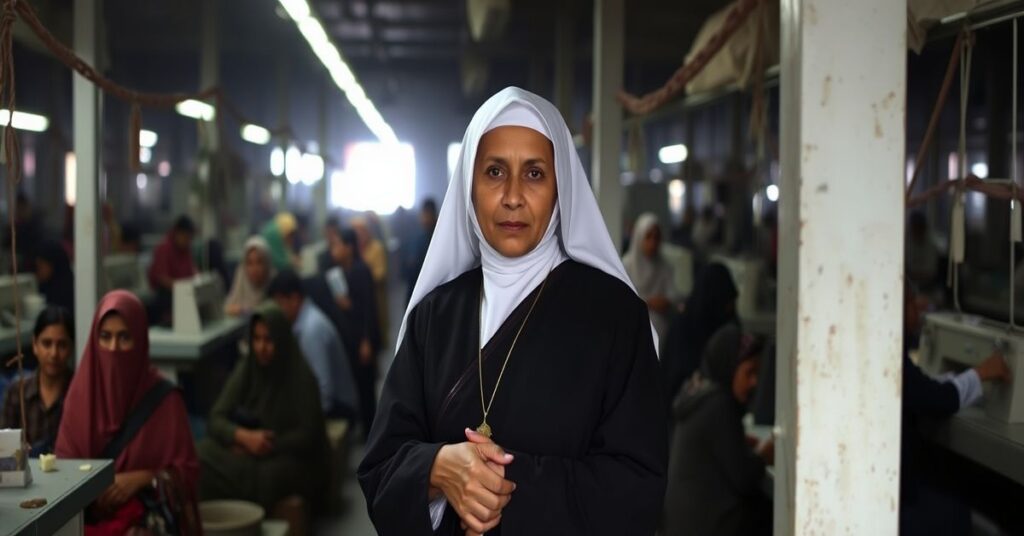 Portret Zity Remy, "Matki Migrantów", otoczonej robotnikami w Chattogramie. Scena ukazuje cierpienie i humanitaryzm bez sakramentów.