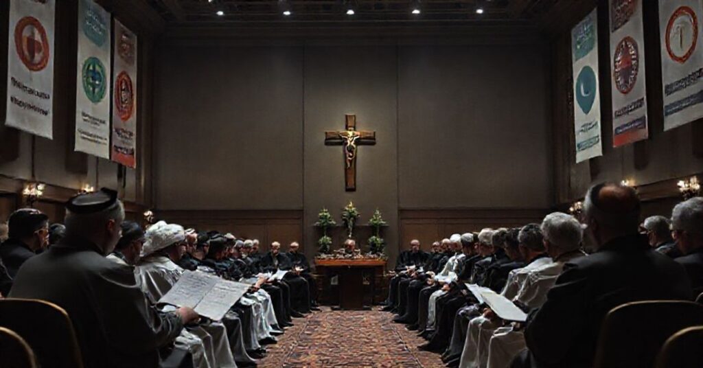 Grupowordsze zebranie duchownych i wiernych podczas synodalu w Gnieźnie, obcych tradycyjnym katolickim wartościom.