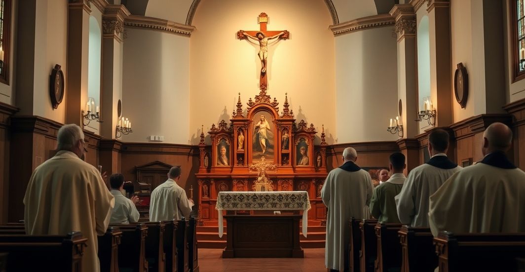 Tradycyjny obraz katolicki z okazji rocznicy Zjazdu Gnieźnieńskiego Rewersyjna scena w tradycyjnym kościele katolickim, ukazująca liturgię z historycznym i duchowym podkreśleniem roli Królestwa Chrystusa i pre-Vatican II tradycji.