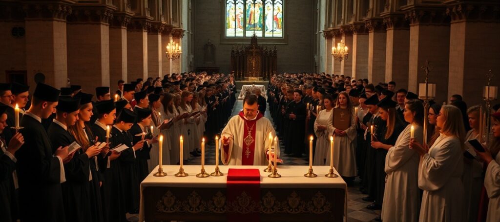 Młodzi ministranci w tradycyjnym kościele pw. Świętego Tomasza Apostoła w Nowym Mieście Lubawskim podczas spotkania liturgicznego.