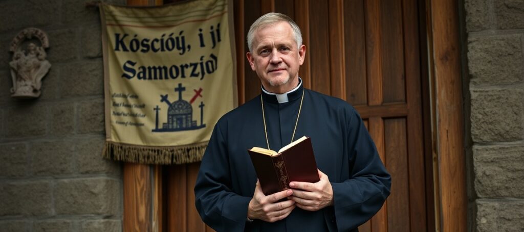 Złomiony kościół z wyblakłym banerem "Kościół i Samorząd" na tle Jasnej Góry
