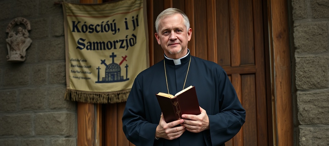 Złomiony kościół z wyblakłym banerem "Kościół i Samorząd" na tle Jasnej Góry