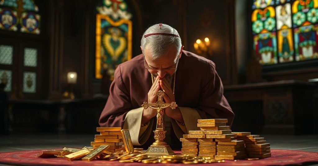 Człowiek modlący się przed złotym krzyżem otoczony złotymi sztabkami