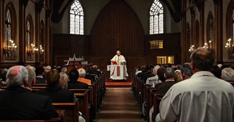 Zdjęcie przedstawiające "biskupa" Zbigniewa Wołkowicza podczas bezprawnej homilii w Lutomiersku, ze zniechęconymi wiernymi i niesakralnym centrum rehabilitacyjnym w tle.