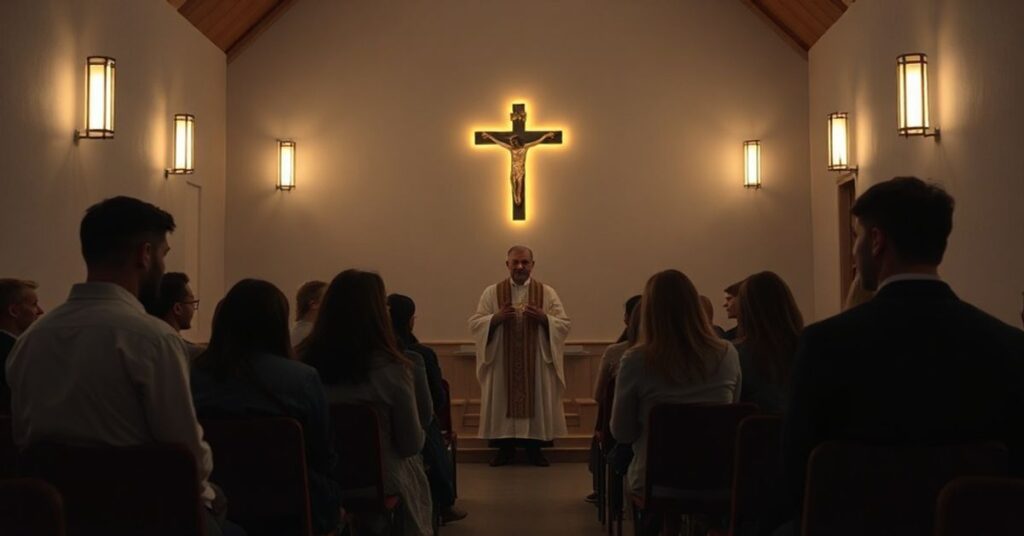 Grupa młodzieży w nieostrzym kościele podczas nieformalnego spotkania duchowego bez tradycyjnych elementów katolickich