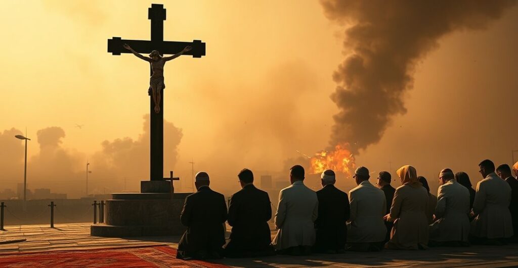 Zniszczony krzyż w tle eksplozji w Strefie Gazy, katolicy się modlą w tradycyjnych szatach.