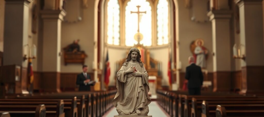 Wnętrze tradycyjnego kościoła katolickiego z figurą Serca Jezusowego na pierwszym planie. Na tle widoczne są Abraham Foxman i Jan Paweł II, symbolizujące błędny dialog między katolicyzmem a judaizmem.