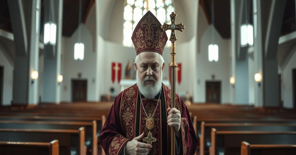 Zdjęcie przedstawiające Kaszimierza Wielikosielca OP w neokonklawowym kościele w Homlu. Scena ukazuje jego ostatnią "Mszę św." w nowym rytie z pustymi ławkami i pozbawionym ołtarzem.