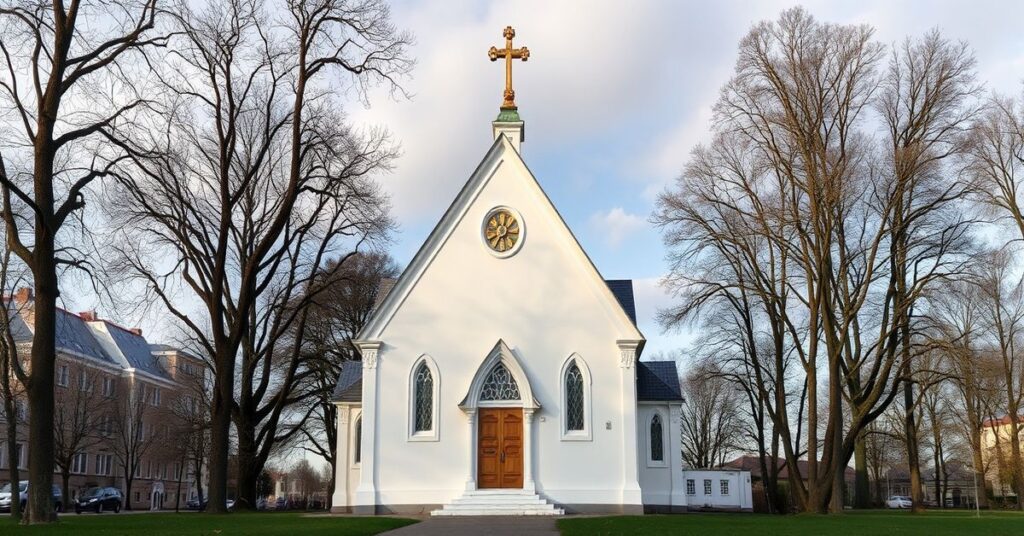 Stary katolicki kościół gotycki z otoczeniem wiejskim, pisarz Wiesław Myśliwski siedzi na ławce z książką
