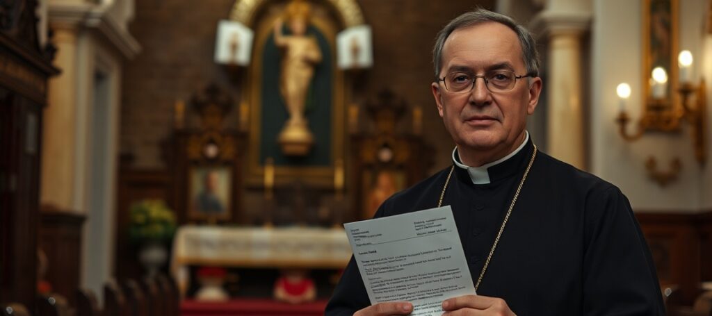 Zdjęcie przedstawiające zmarłego szwajcarskiego hierarchę Emila Paula Tscherriga w tradycyjnym katolickim otoczeniu.