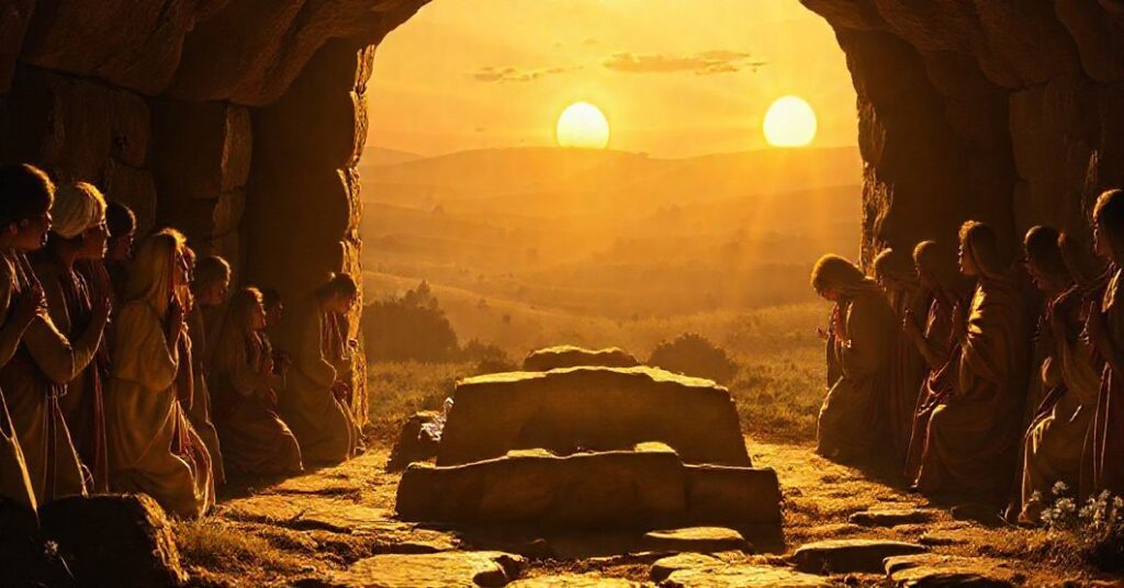 Pusta grobnica Chrystusa w promieniach porannego słońca, z oddanymi wiernymi klęczącymi w pokorze i zachwytem.