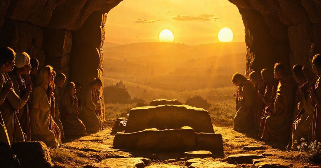 Pusta grobnica Chrystusa w promieniach porannego słońca, z oddanymi wiernymi klęczącymi w pokorze i zachwytem.